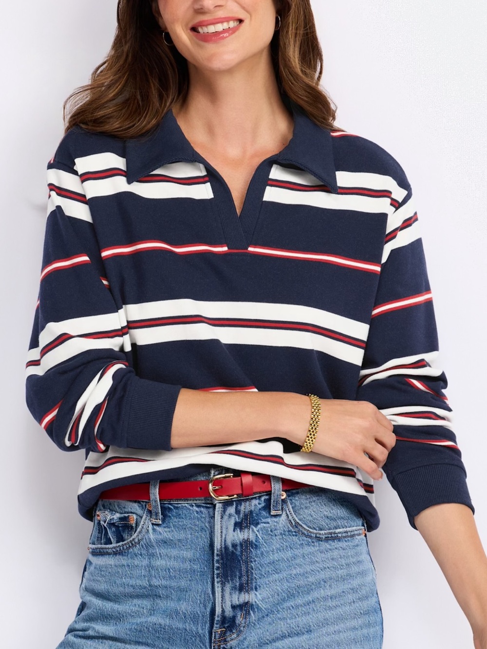 Gilli Navy White Red Striped Polo-Style Long Sleeve Top